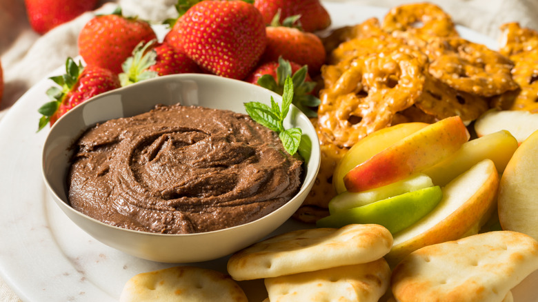 Chocolate hummus with pretzels and fruits