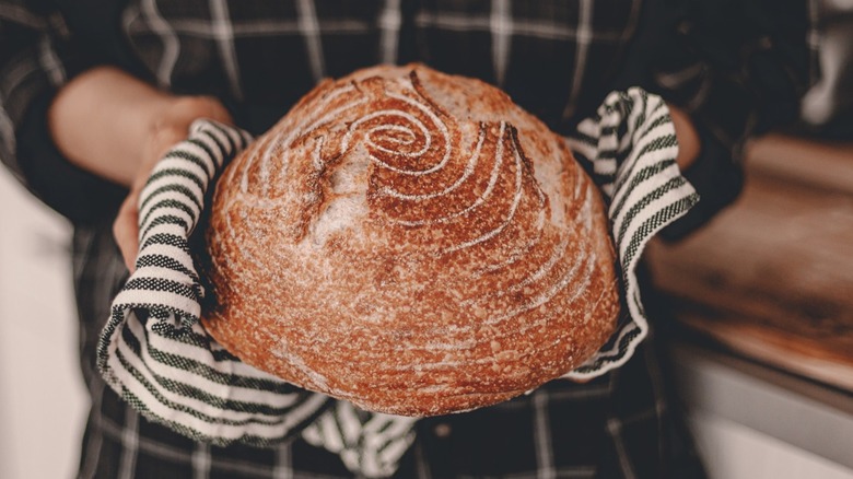 Close-up of a baker holding fresh sourdough bread