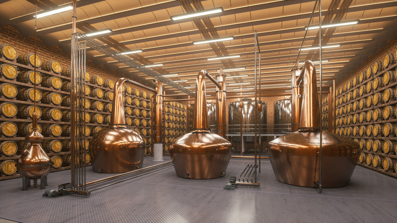 Distillery equipment with barrels on walls