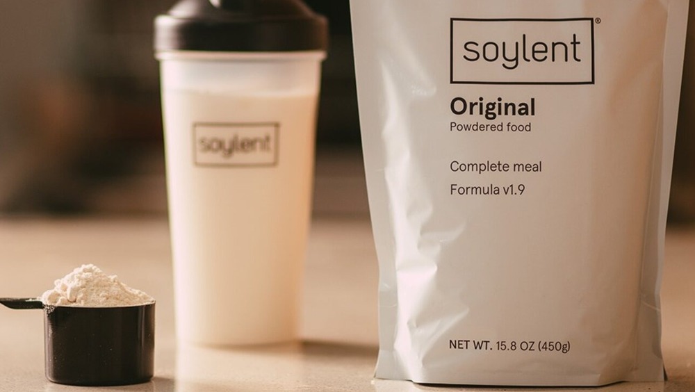 Soylent pack, cup, and scoop