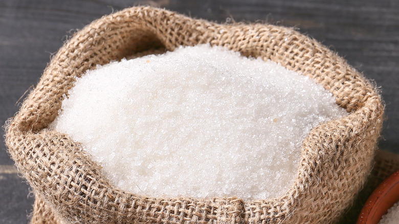 White sugar in a burlap bowl