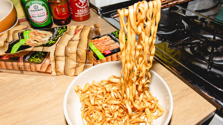 A-Sha Noodles in bowl beside stove