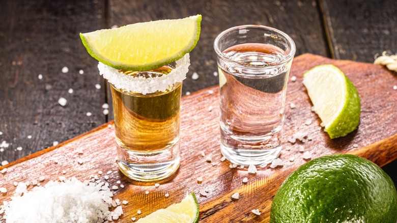 Shots of tequila with salt and lime