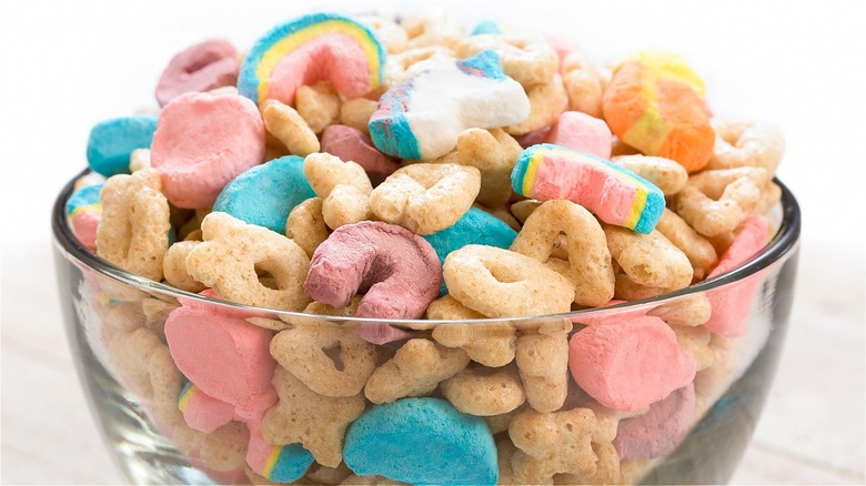 Lucky Charms cereal in glass bowl