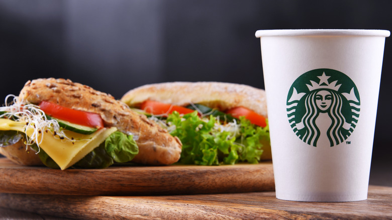 A sandwich and cup of coffee from Starbucks