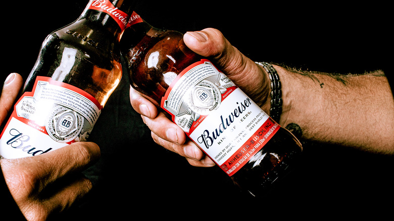 People cheers with Budweiser bottles