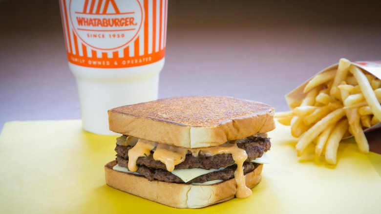 Whataburger patty melt, fries, drink