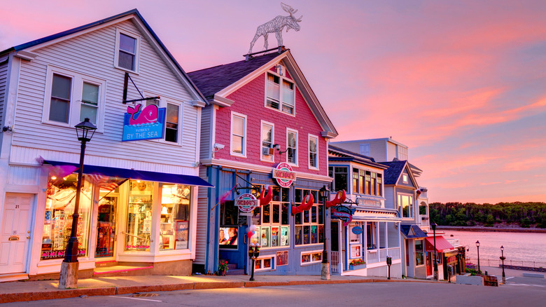 Street in Bar Harbor, Maine, at dusk
