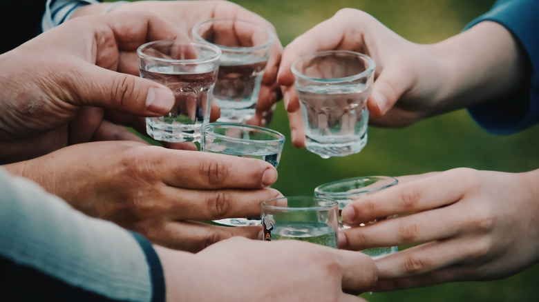 Hands holding glasses of vodka