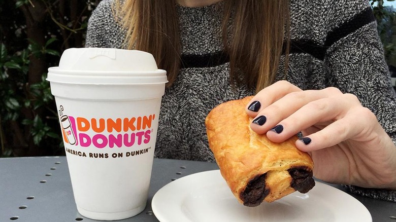 A coffee and chocolate croissant from Dunkin'