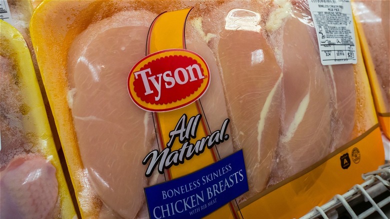 A package of Tyson boneless skinless chicken breasts