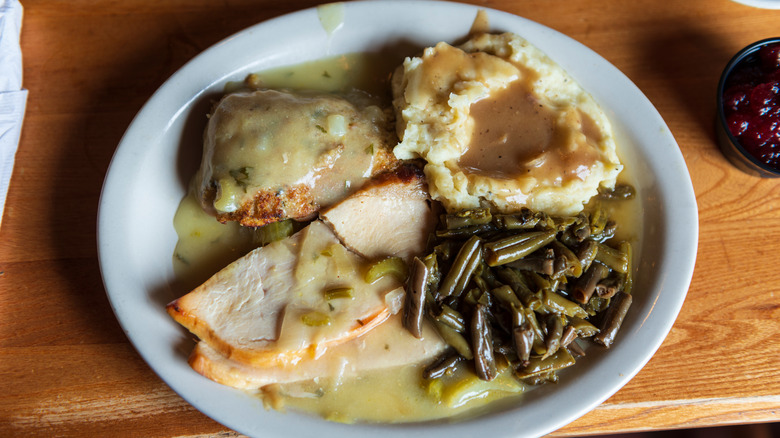 meat, gravy, mashed potatoes, and green beans from Cracker Barrel