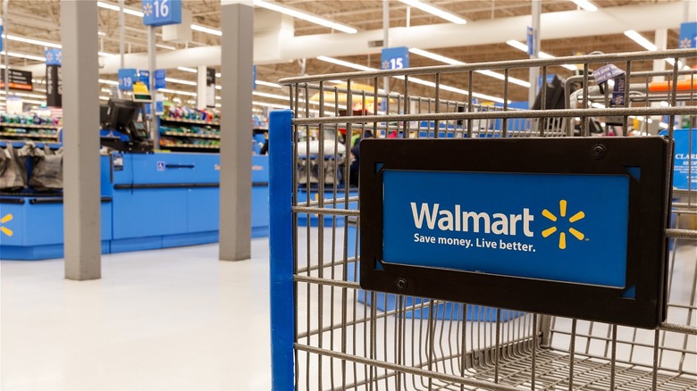 A Walmart cart inside store