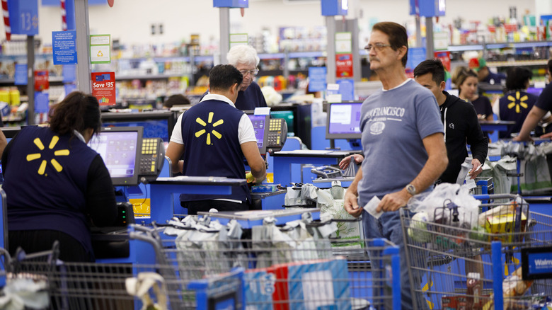 Walmart carts and cashiers