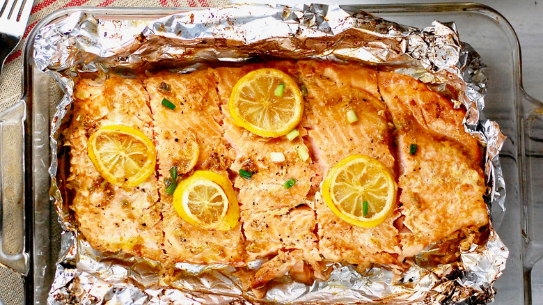 Salmon wrapped in aluminum foil 