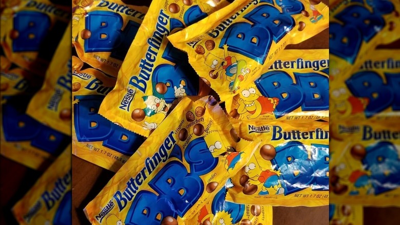 Bags of Butterfinger BB's in a pile on a table