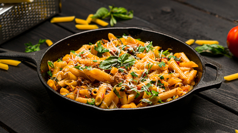 heating pasta in a skillet