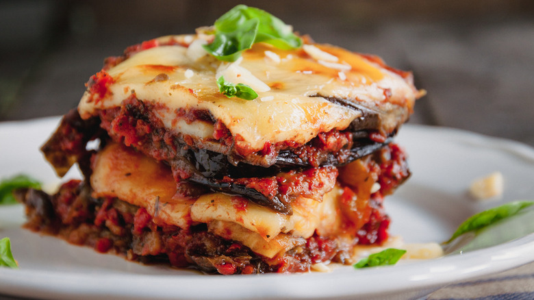 A slab of eggplant parmesan