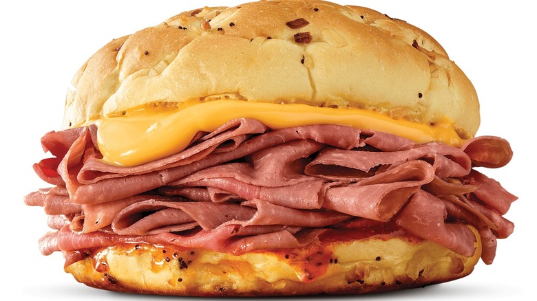Arby's roast beef sandwich with cheddar cheese