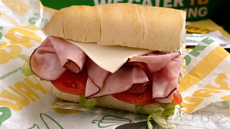 Subway sandwich filled with ham and cheese