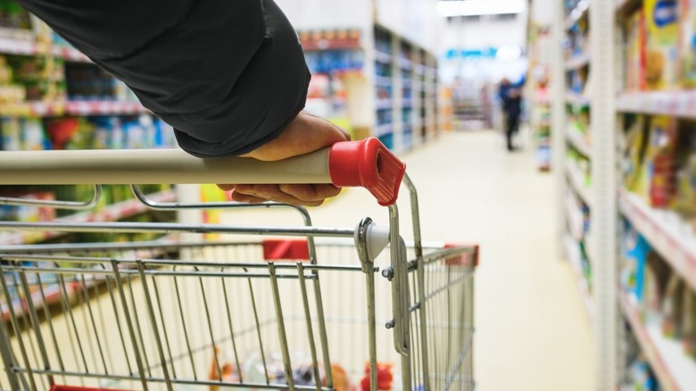 Close up of a person pushing a cart at a grocery store. 