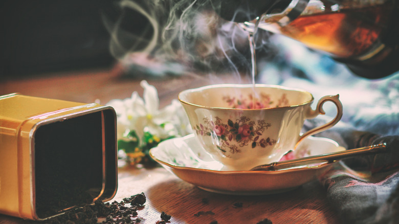 Pouring a cup of Earl Grey tea