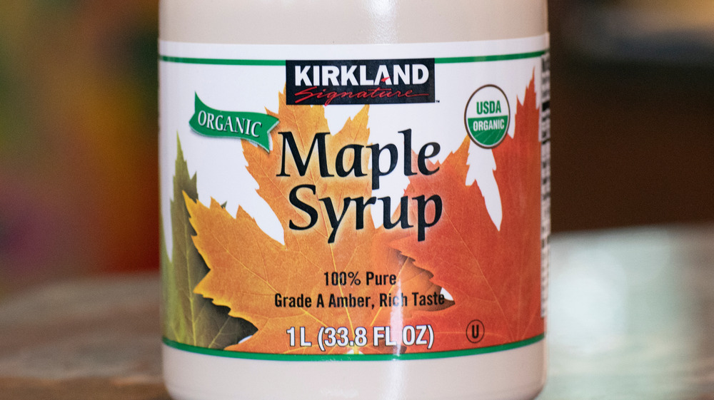 Bottle of Kirkland Signature organic maple syrup