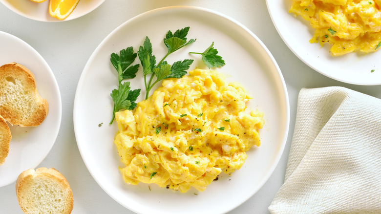 A plate of scrambled eggs with chives and herbs 