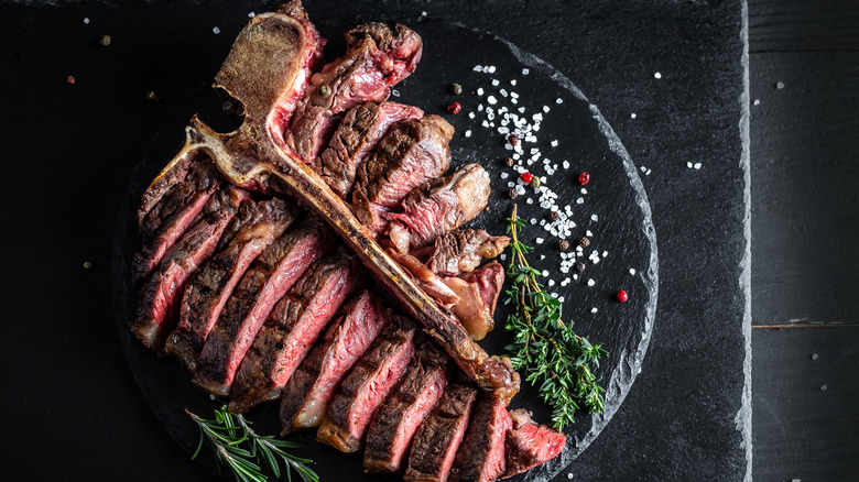 A perfectly seared sliced steak