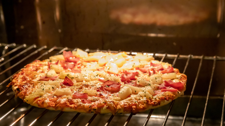 Frozen pizza in an oven