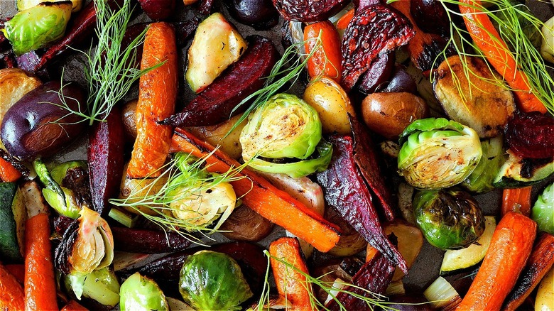 Colorful tray of roasted vegetables