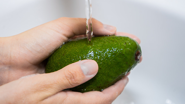 Hands washing avocado in sink