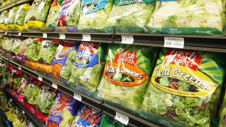 Bagged salads in a grocery store
