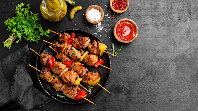 meat and vegetables on skewers