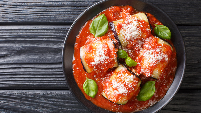 Eggplant in marinara sauce on plate