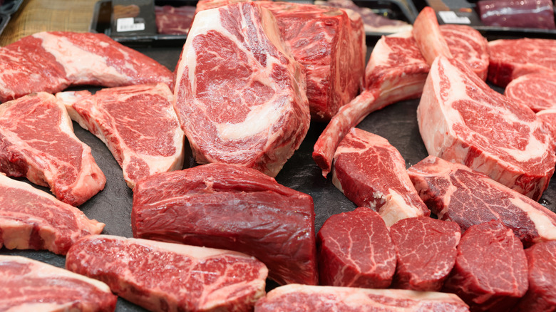 Chunks of beef on counter