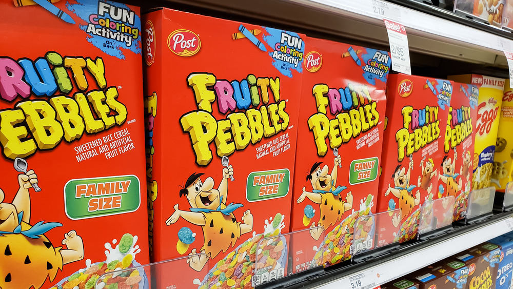 Boxes of Fruity Pebbles on store shelf