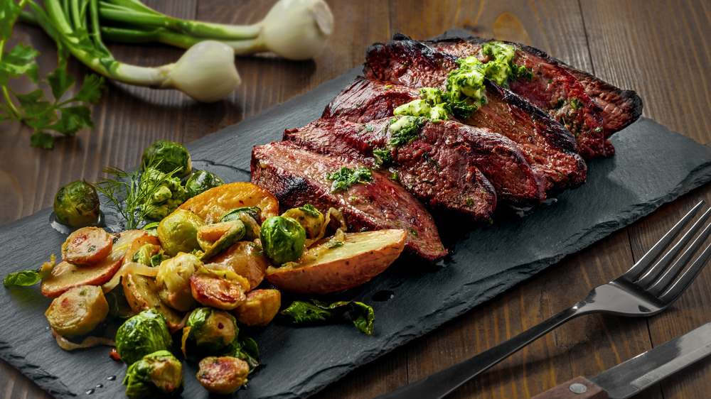 Hanger steak cut against the grain and ready to eat