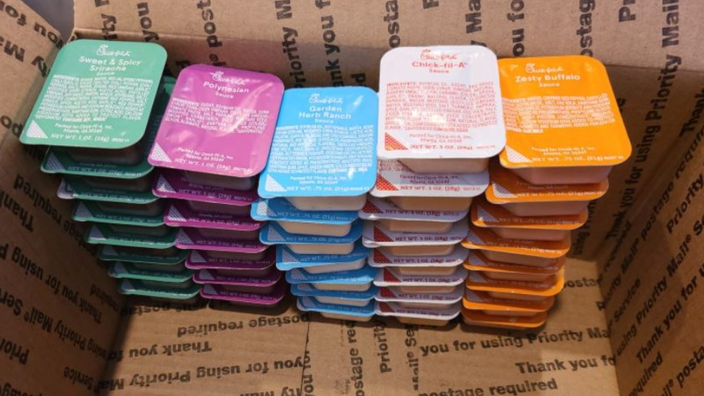 Chick-fil-A sauce packets in a box