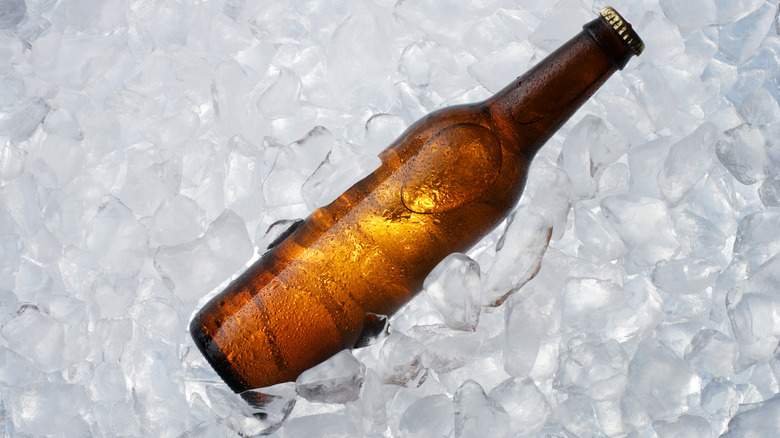 brown bottle on ice 