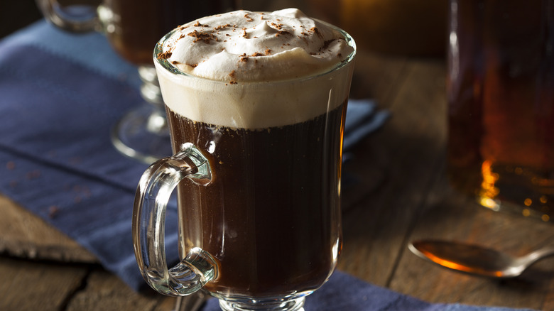 Irish coffee on wooden table