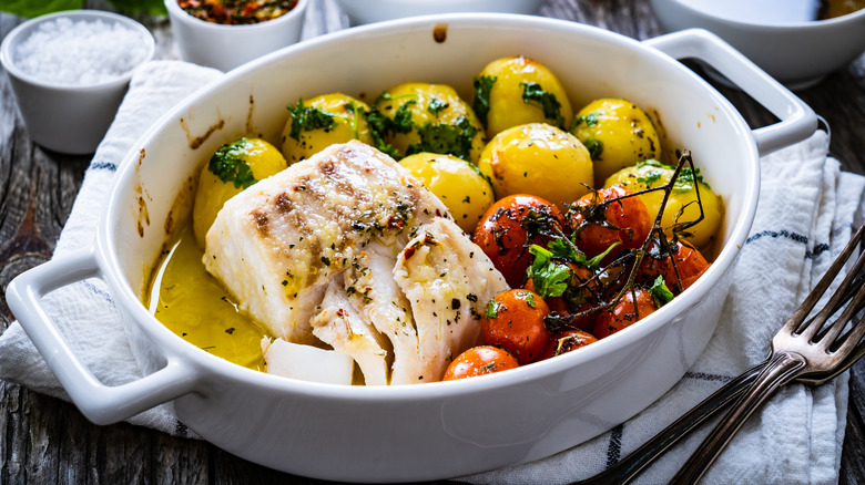 Dish with cooked fish fillet