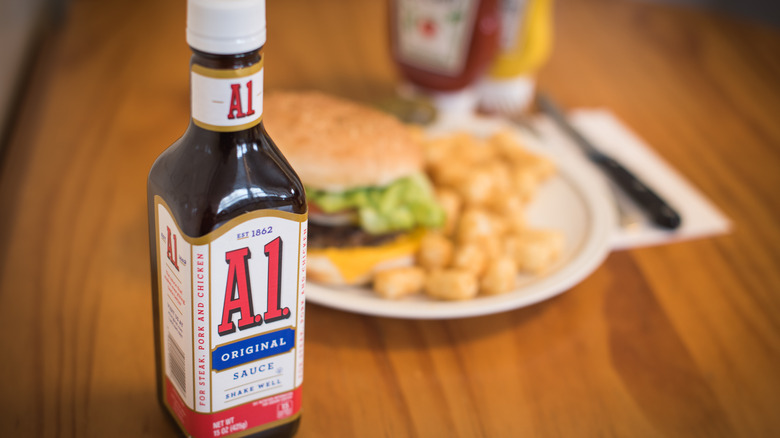 A.1. steak sauce bottle and a burger