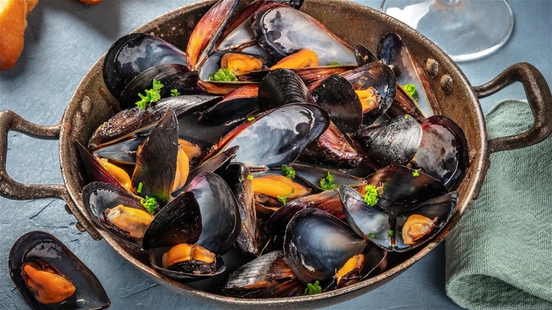pot of mussels in broth