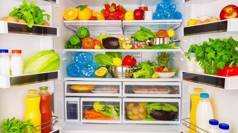 An open fridge with fresh cold foods