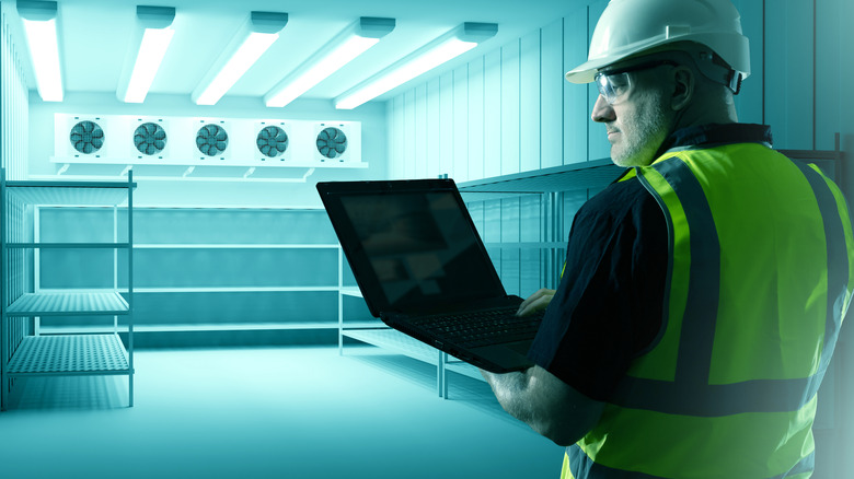 Refrigerator technician examining a unit