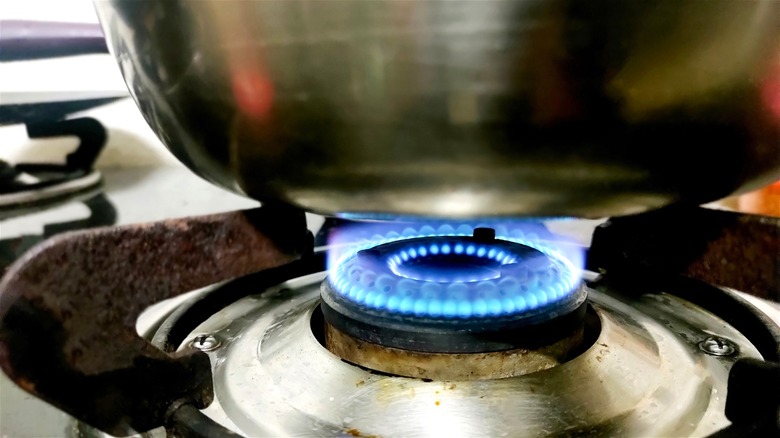 A pot cooking over a gas stove with a blue flame.