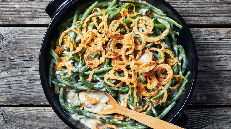 Green bean casserole in a cast-iron skillet