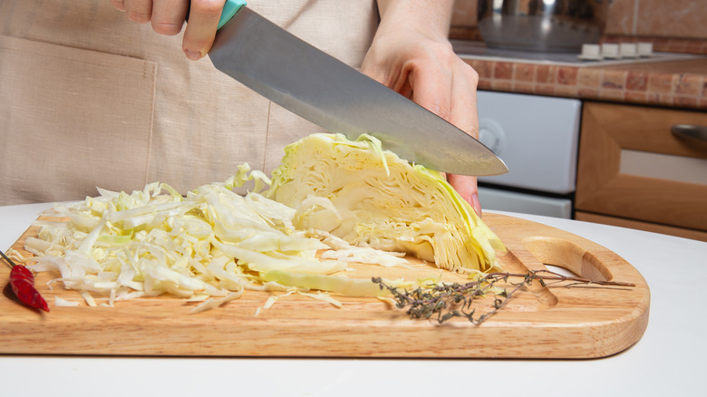 Cook cutting cabbage, with herbs and chile on cutting board