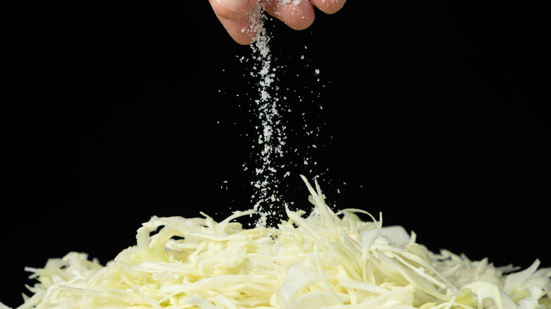A hand salting shredded cabbage against a black background